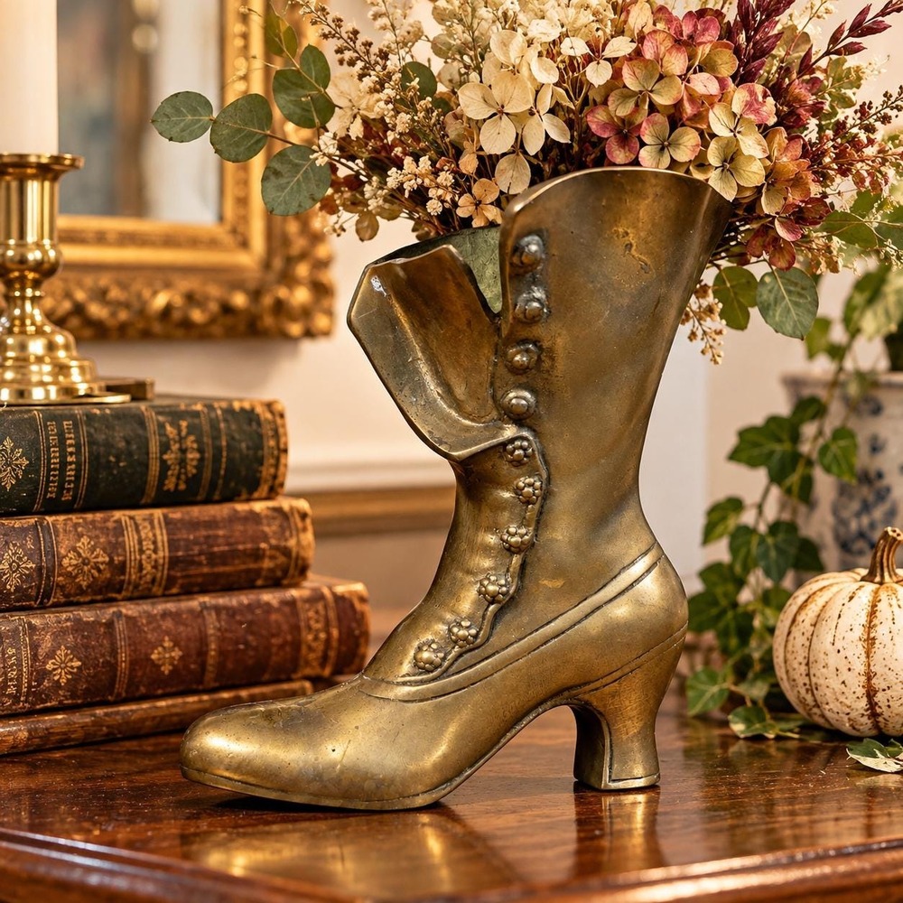 Vintage Leonard Solid Brass Victorian Boot Vase Planter Korea 9" Grandmillennial